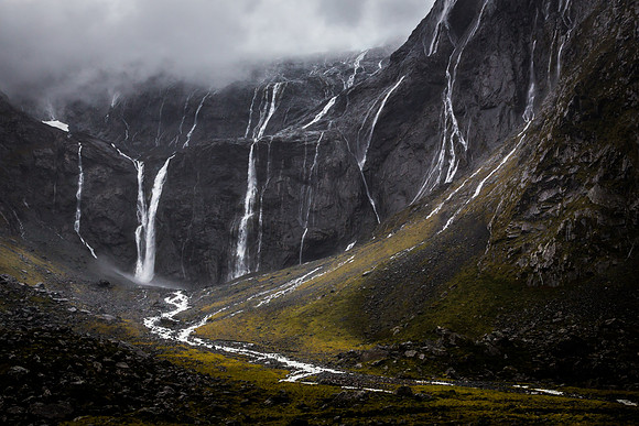 Waterfalls by the mouth of the Homer Tunnel